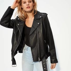 Aritzia Wilfred Free Lennon Relaxed Leather Biker Jacket Black Belt Edgy XXS
